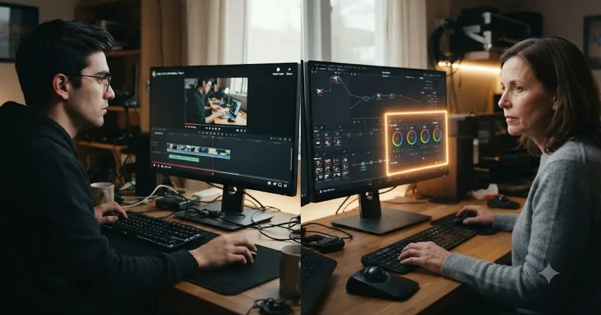 Illustration of a person watching a paused YouTube tutorial on one screen while an AI tutor points at a live DaVinci Resolve project on another