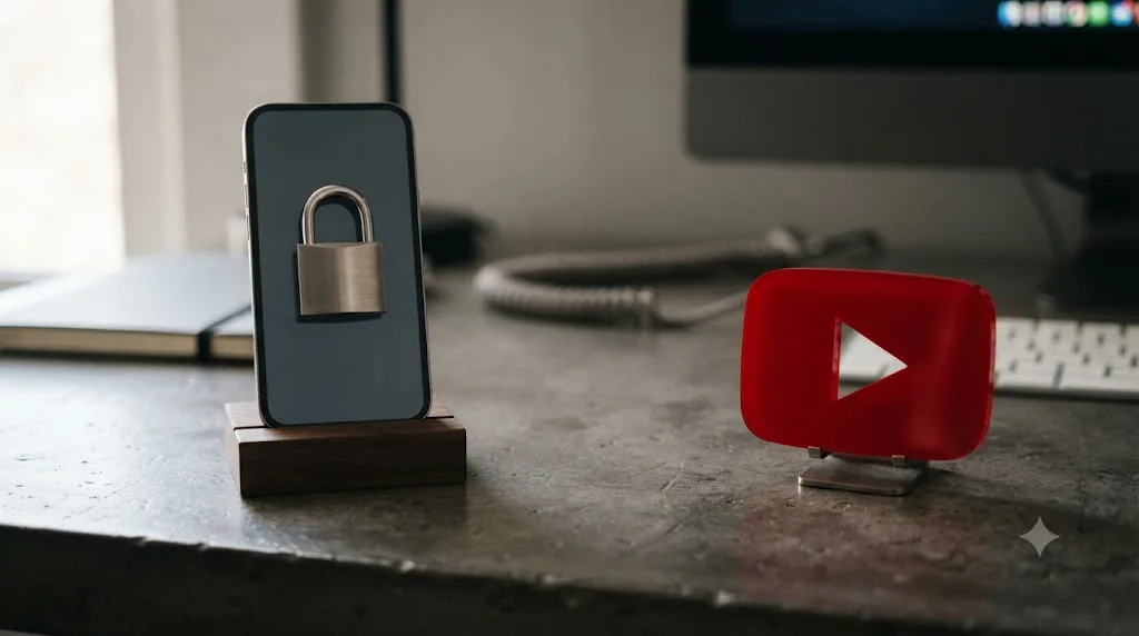Illustration of a lock icon overlaid on a small screen icon, next to a separate YouTube play icon with no data connection shown