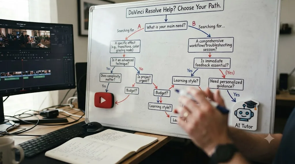 Illustration of a branching decision tree diagram leading toward either a YouTube icon or an assistant icon depending on the situation