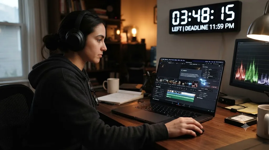 Illustration of a freelance editor working against a deadline clock while an assistant overlay points at export settings on a deliver page