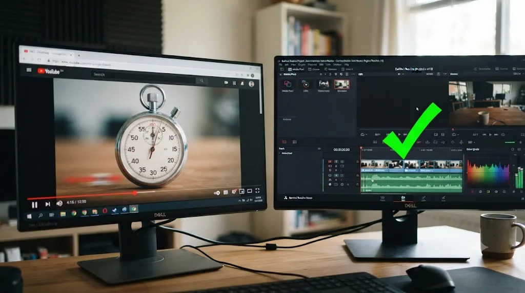 Illustration of a stopwatch on a scrubbing YouTube seek bar next to an instant checkmark on a DaVinci Resolve project