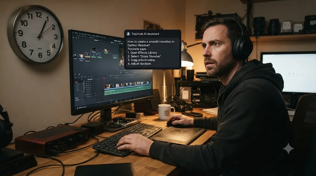 Illustration of a freelance editor glancing between a deadline clock and an instant AI answer overlay instead of a tutorial search bar