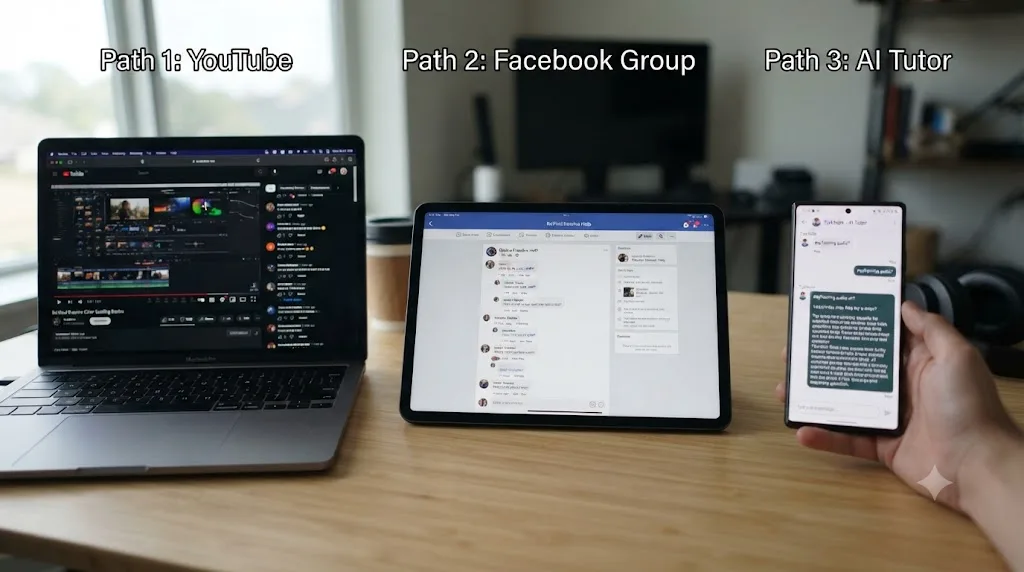 Illustration of three parallel paths representing a YouTube comments thread, a community discussion, and an instant assistant response