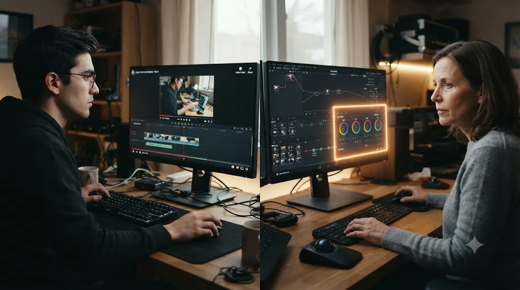 Illustration of a person scrubbing a paused YouTube tutorial next to someone receiving live guidance on their own DaVinci Resolve project