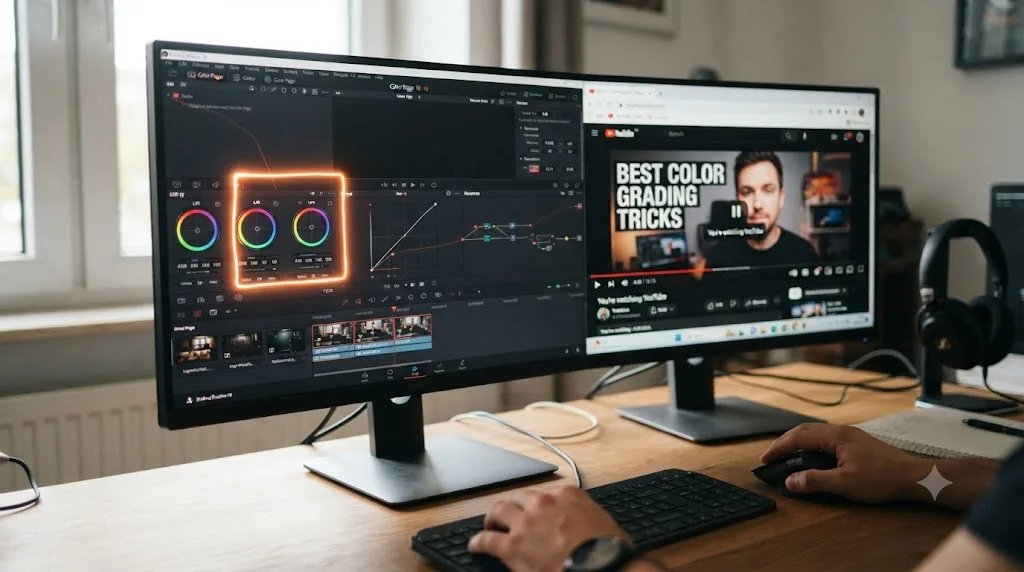 Illustration of an assistant overlay drawing a glowing box around a control inside a DaVinci Resolve interface, next to a paused YouTube video thumbnail
