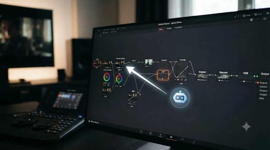 Illustration of a DaVinci Resolve node tree with one node highlighted as being out of the correct order, with an assistant icon nearby