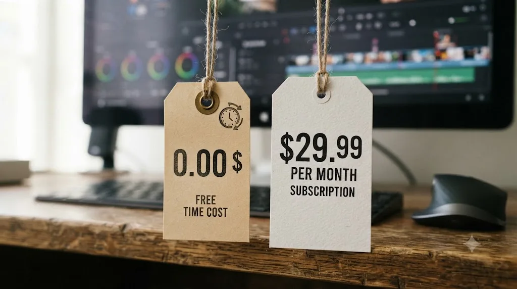 Illustration of two price tags, one free with a small attached time cost, the other a monthly subscription price