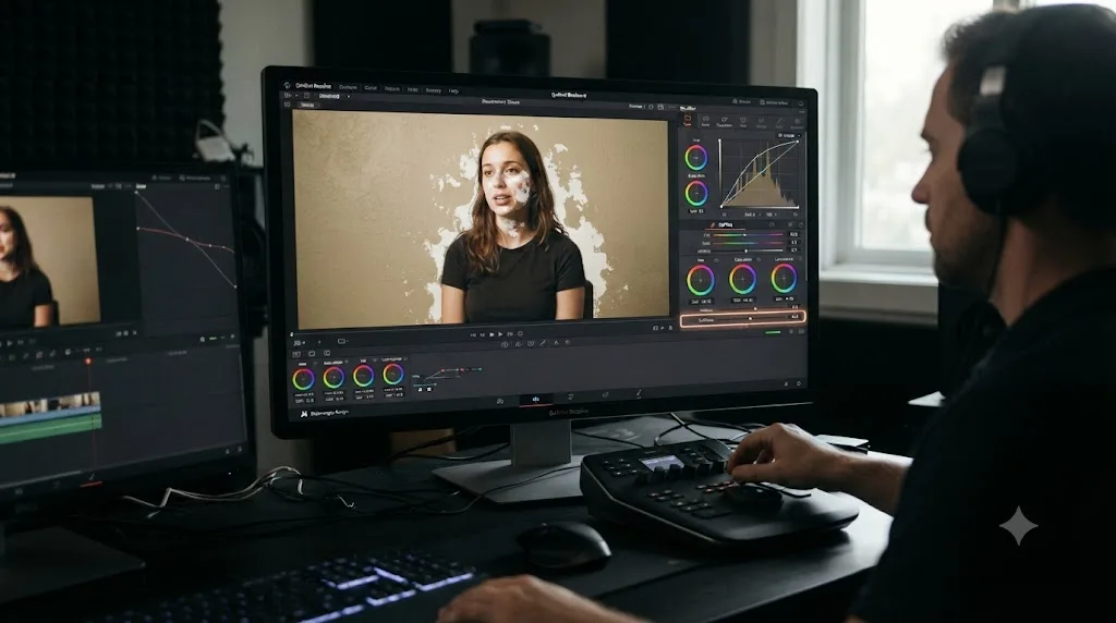 Illustration of a color qualifier tool isolating a messy, imperfect selection on real footage with a nearly matching wall and skin tone