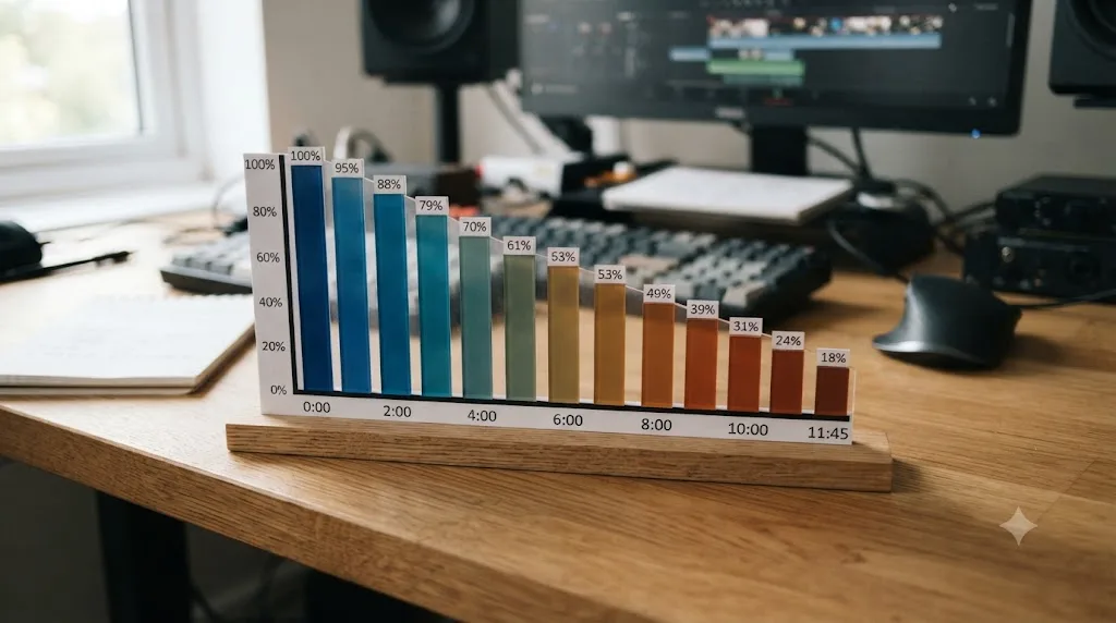 Illustration of a bar chart showing audience retention dropping across the length of a tutorial video