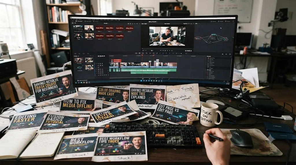 Illustration of a stalled, half-finished DaVinci Resolve project surrounded by a scattered pile of watched tutorial thumbnails