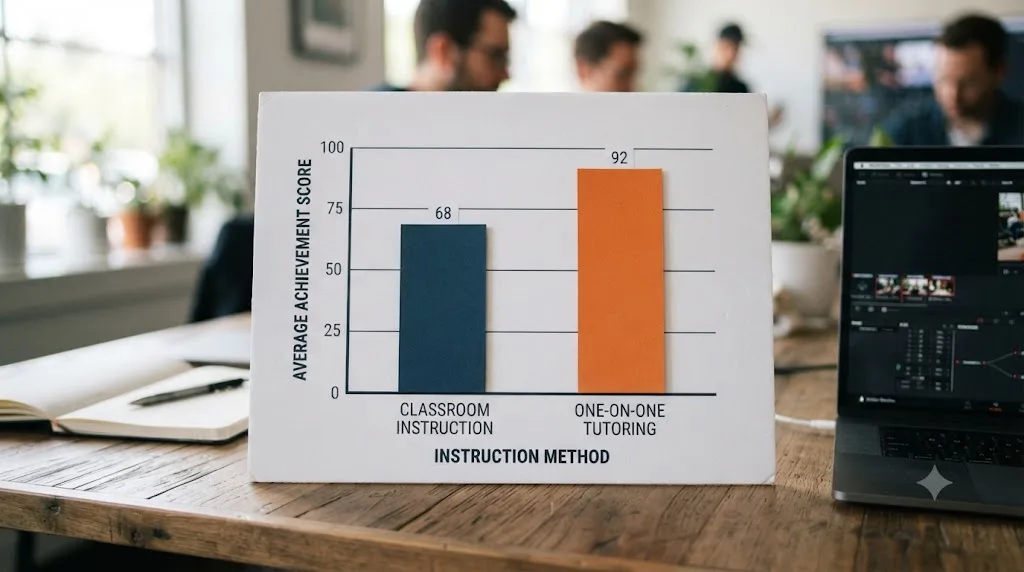 Illustration of a bar chart comparing average achievement scores between classroom instruction and one-on-one tutoring