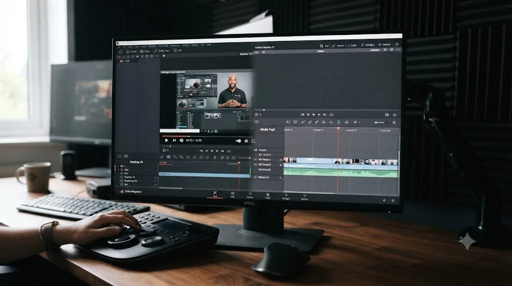 Illustration of a DaVinci Resolve interface transitioning from an older layout to a newer one, with a YouTube tutorial frozen on the outdated screen