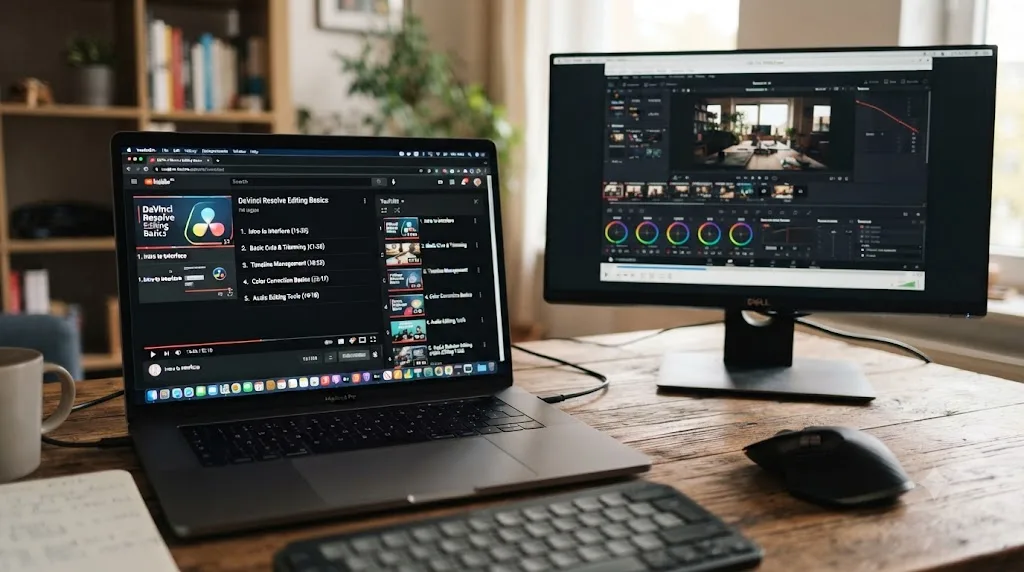 Illustration of a structured YouTube tutorial playlist with numbered videos on a laptop, next to a downloaded video file playing offline