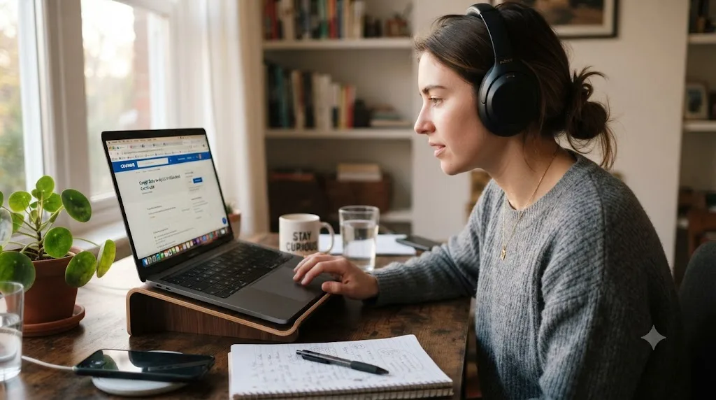 Illustration of a person comparing several online course platform logos on a laptop screen
