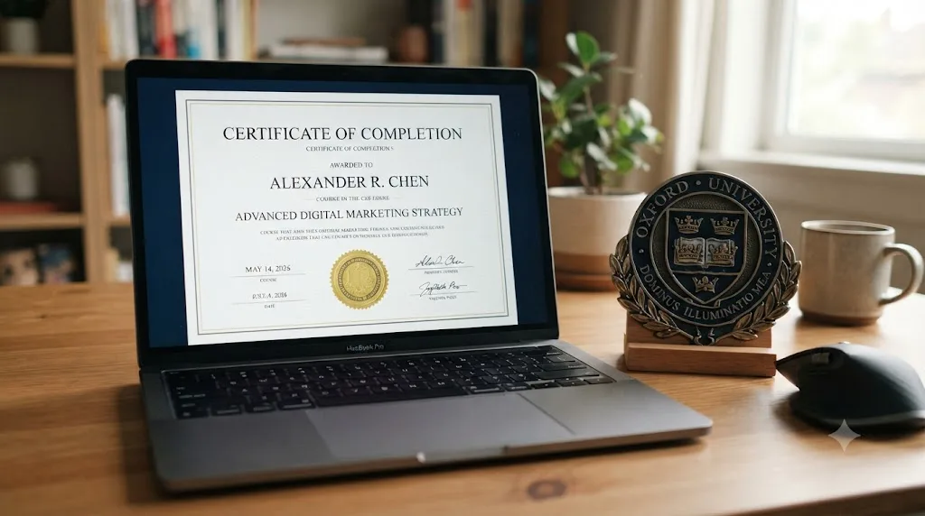 Illustration of a university crest beside a laptop displaying an online course certificate