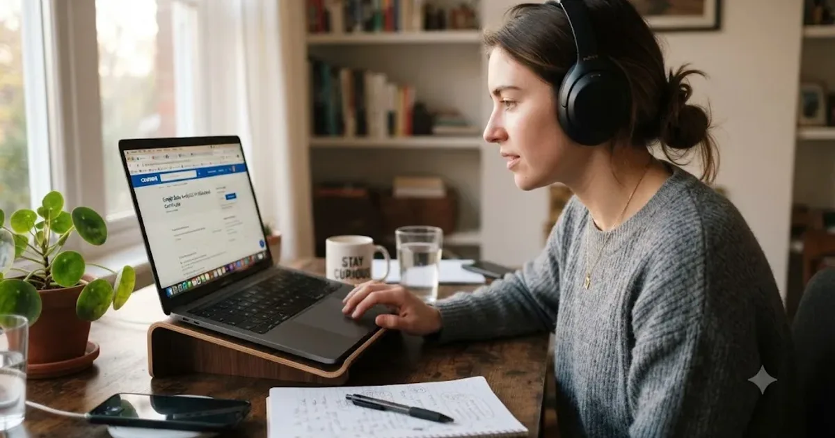 Illustration of a person comparing several online course platform logos on a laptop screen