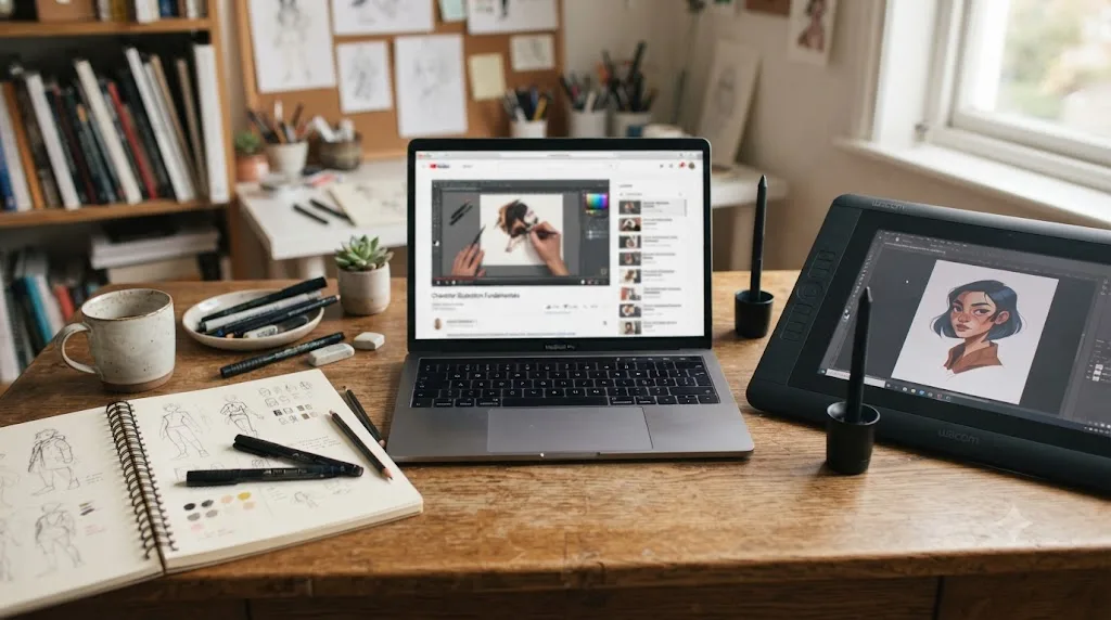 Illustration of an artist's tablet and sketchbook beside a laptop displaying a creative course platform