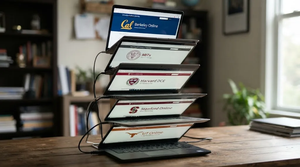 Illustration of a stack of laptops each displaying a different university's online course platform