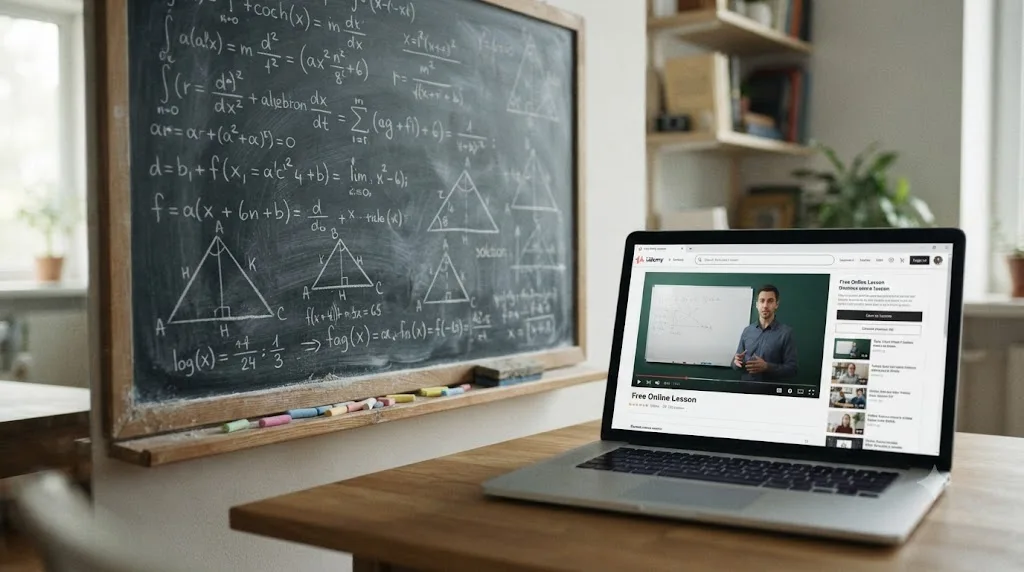 Illustration of a chalkboard with math equations beside a laptop displaying a free online lesson