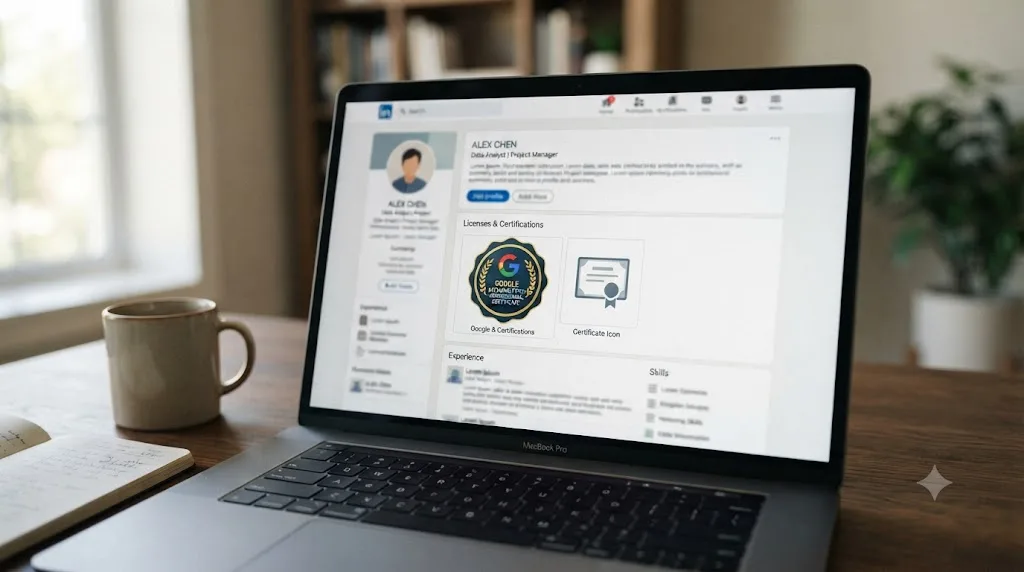 Illustration of a professional profile page displaying a completed online course badge