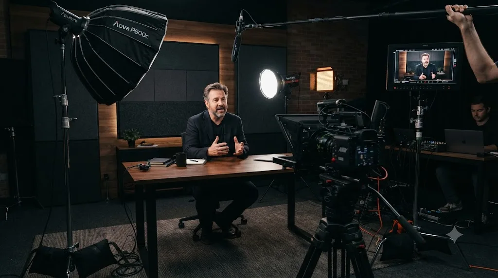 Illustration of a cinematic studio set with lighting equipment representing a high-production online course