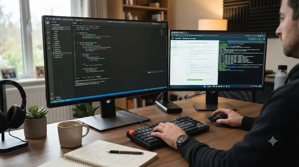 Illustration of a code editor beside a hands-on lab environment representing technical skill practice