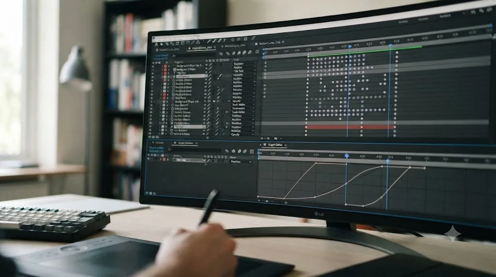 Illustration of an animation timeline with keyframes representing motion design course material