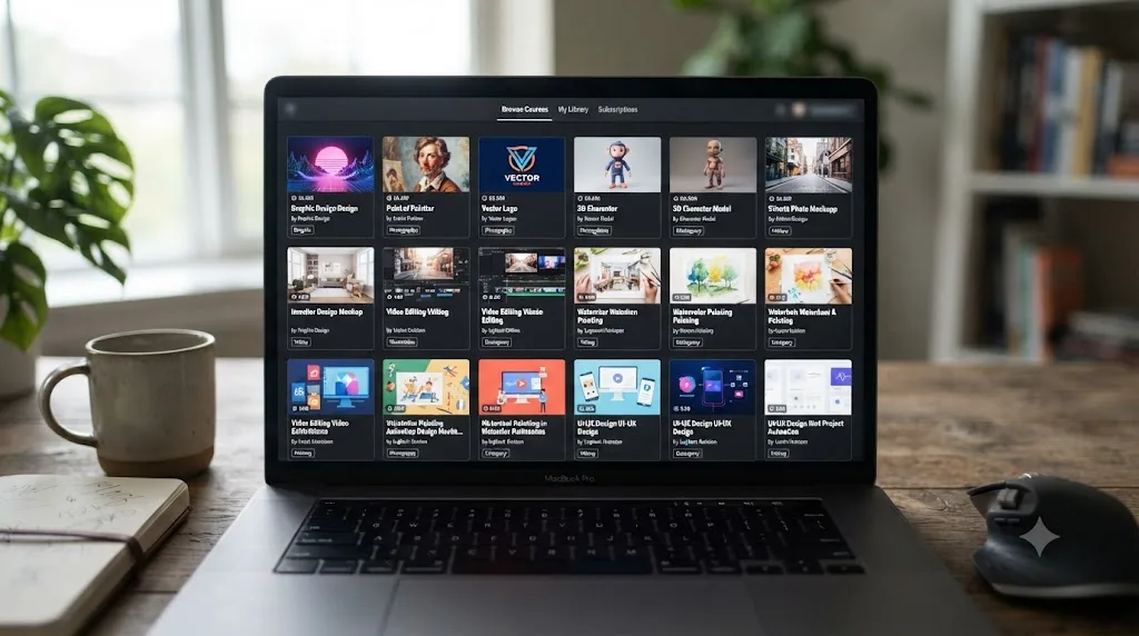 Illustration of a grid of creative project thumbnails representing an unlimited course subscription