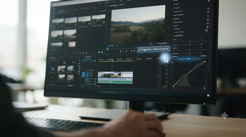 Illustration of an AI tutor overlay pointing at a control inside a video editing application