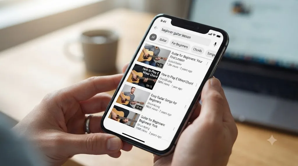 Illustration of a phone screen displaying a video search results page for a tutorial topic