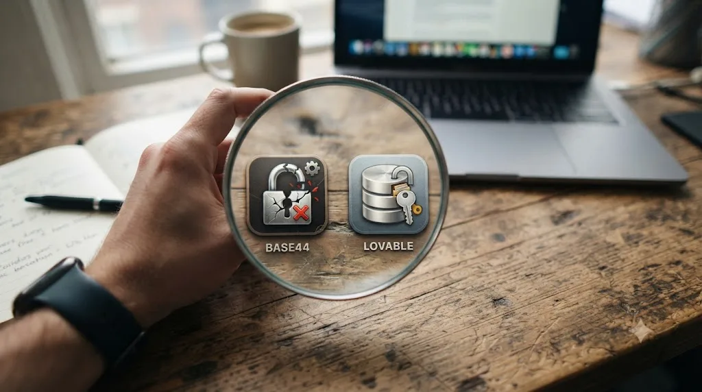 Illustration of two vibe-coded application icons, one with a broken authentication lock and one with an exposed database icon, both under a security researcher's magnifying glass