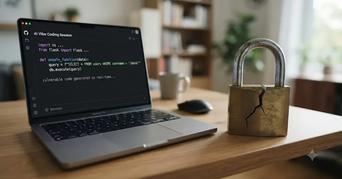 Illustration of a security checklist next to a laptop showing AI-generated code with a warning icon