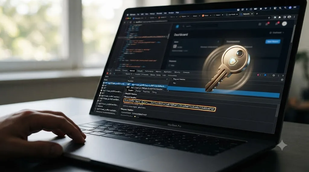 Illustration of an exposed API key visible in a browser network request next to a rotating key icon