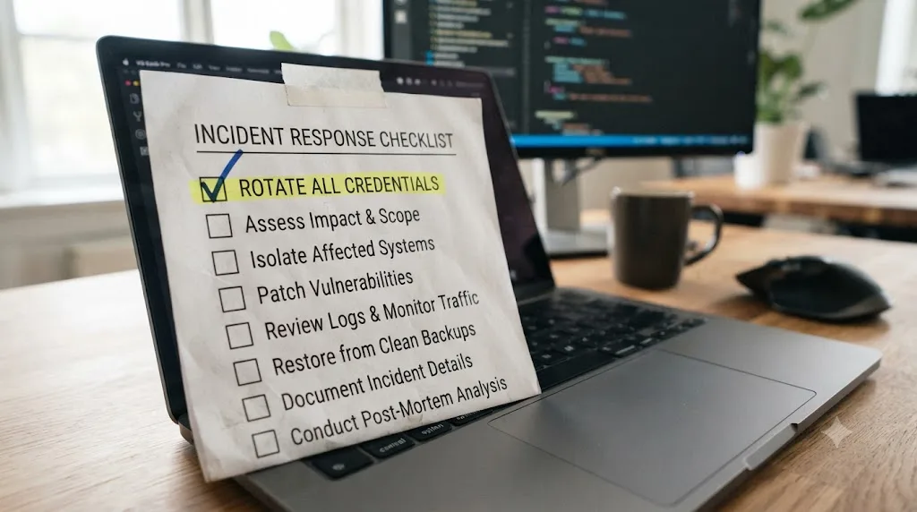 Illustration of an incident response checklist with rotating credentials as the completed first step