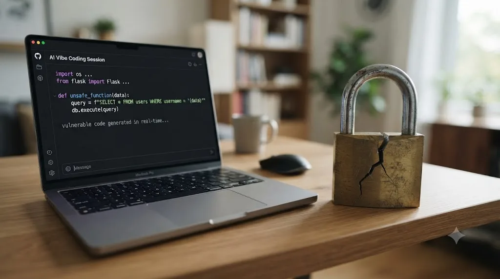 Illustration of AI-generated code appearing on a laptop screen next to a cracked padlock representing a security vulnerability