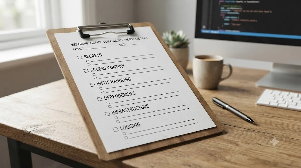 Illustration of a checklist clipboard with six security categories for vibe-coded applications
