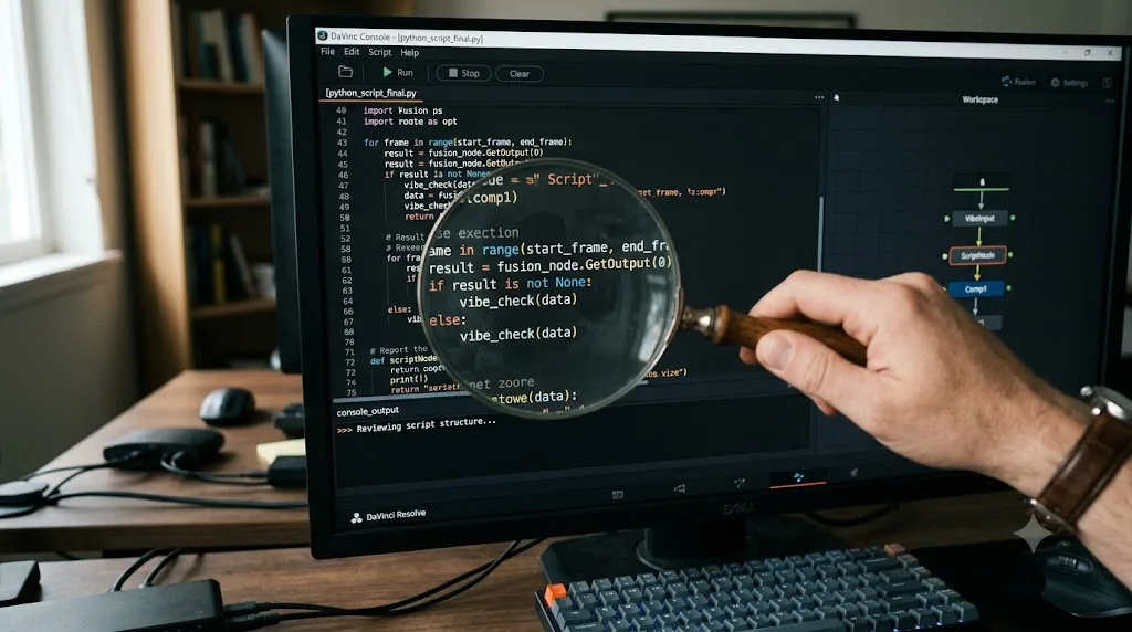 Illustration of a DaVinci Resolve Fusion Console window with a Python script being reviewed line by line before running