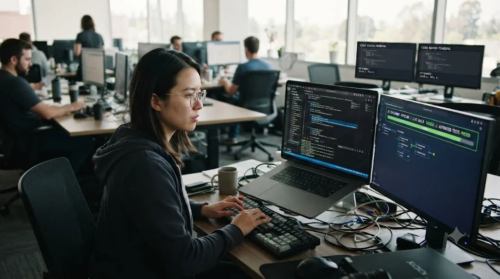 Illustration of a traditional code review step being skipped in a fast AI-assisted development workflow