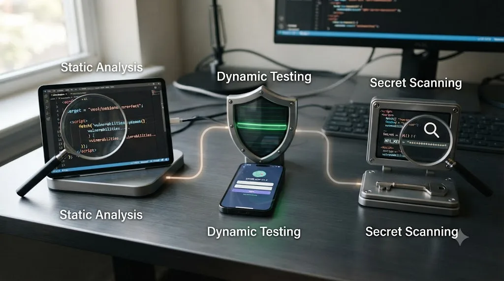 Illustration of three security scanning tools, static analysis, dynamic testing, and secret scanning, arranged as a workflow