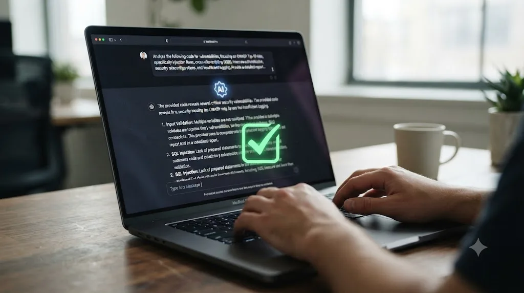 Illustration of a detailed security-focused prompt being typed into an AI chat window with a checklist icon appearing in the response