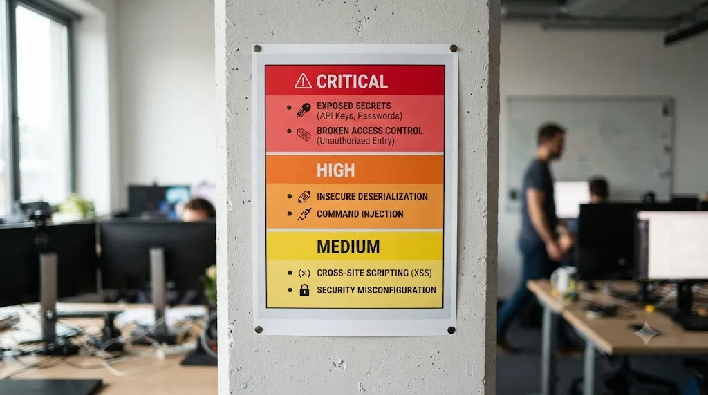 Illustration of a vulnerability severity tier diagram ranking exposed secrets and broken access control as critical