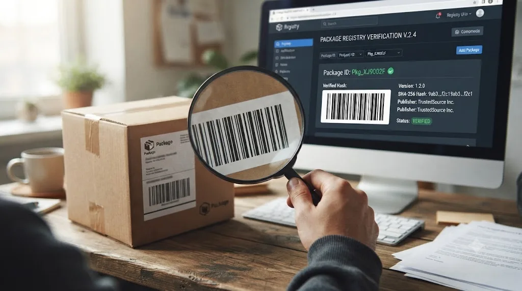 Illustration of a fake software package being checked against a real registry listing with a magnifying glass