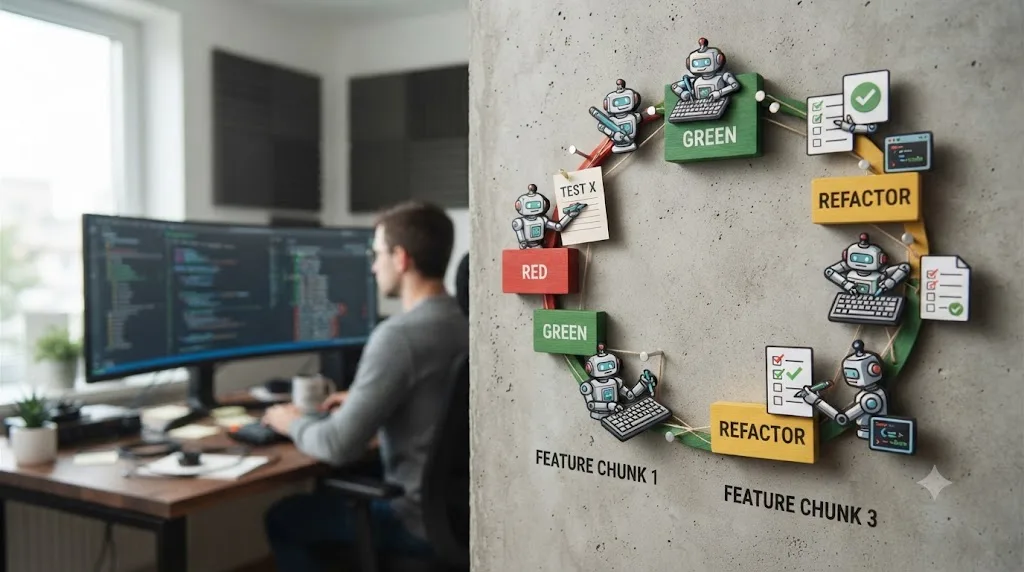 Illustration of a red-green-refactor testing cycle with an AI coding agent writing a test, then code, then passing a check, in a repeating loop