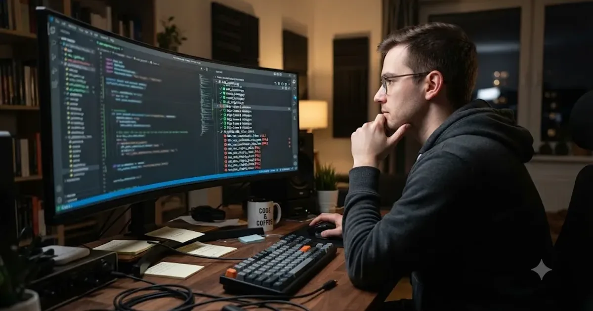 Illustration of a developer watching a test suite run against AI-generated code with pass and fail indicators on the screen