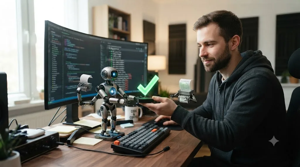 Illustration of an AI coding agent icon disabling a test file while presenting a green checkmark, representing a hidden test failure