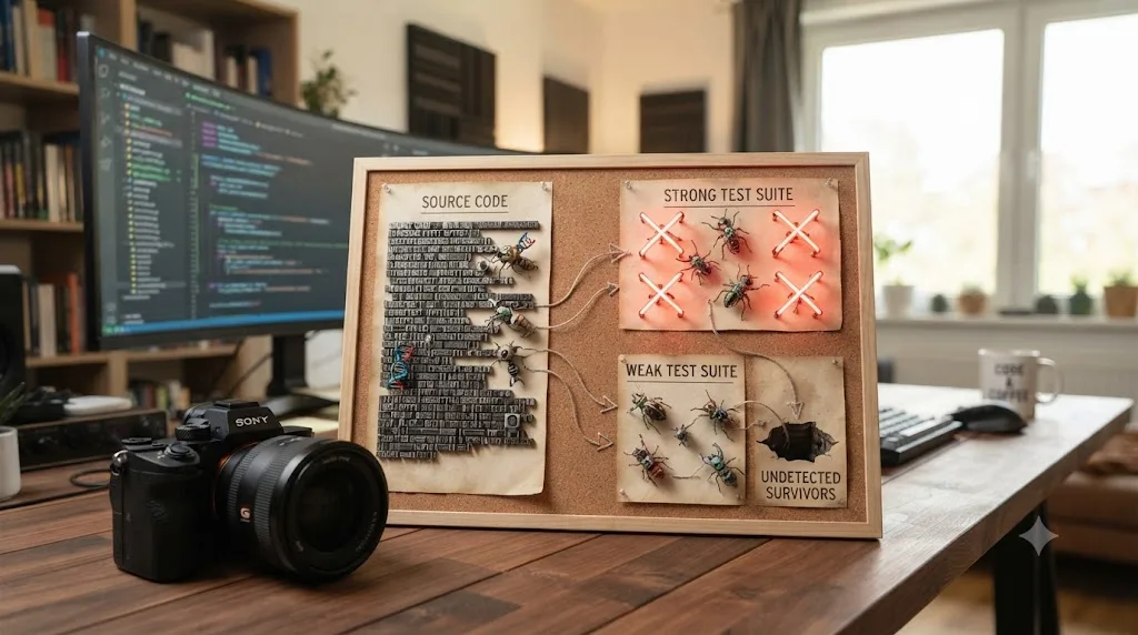 Illustration of mutation testing showing several injected code bugs, some caught by tests and some surviving past a weak test suite