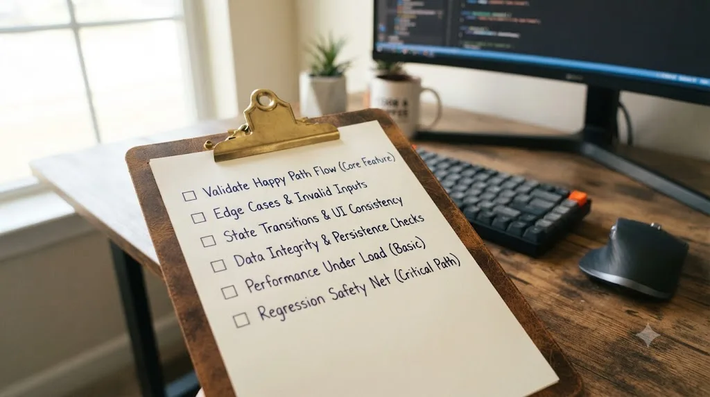 Illustration of a numbered checklist clipboard showing six priority items for testing a freshly AI-generated feature