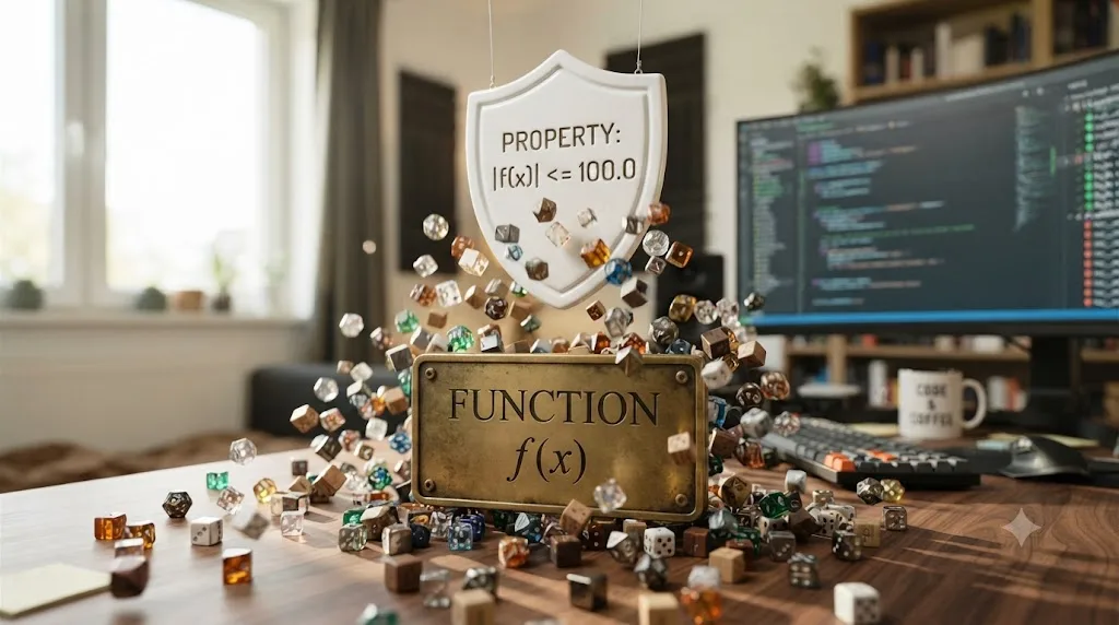 Illustration of a function being tested with hundreds of randomly generated inputs against a stated invariant rule, property-based testing style