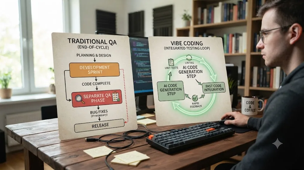 Illustration comparing a traditional end-of-cycle QA phase to a testing loop running inside every AI code generation step