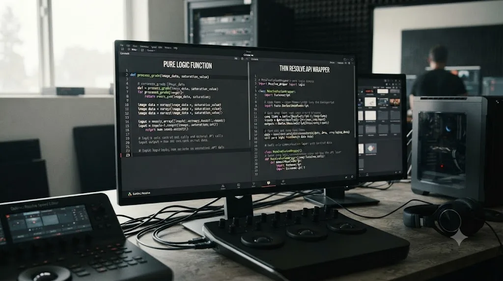 Illustration of a DaVinci Resolve Fusion Console showing a Python script split into a testable logic function and a thin Resolve API wrapper